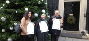 Sir Geoffrey Bindman, Haya Al Fara and Betty Hunter presenting petition at no10