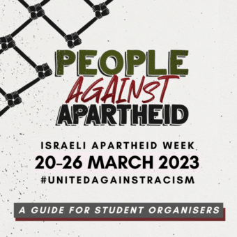 Textured background with the text 'People Against Aparthied: Israeli Apartheid Week 20-26 March 2023 A Guide for Student Organisers' overlaid