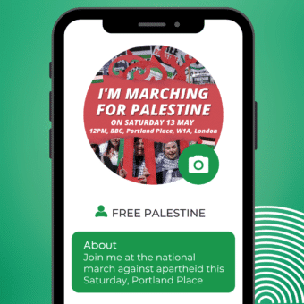 A phone screen with a social media profile showing which includes the graphic reading 'I'm marching for Palestine' as the profile picture.
